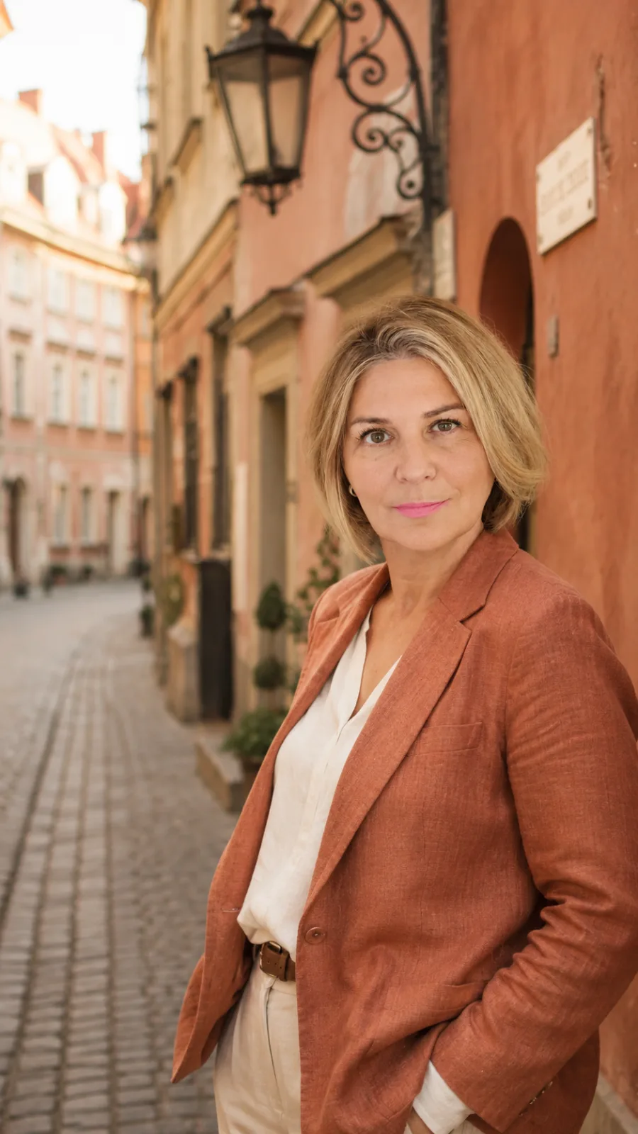 Gabriela Czpak na brukowanej uliczce warszawskiej Starówki